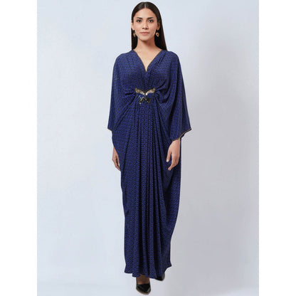 First Resort by Ramola Bachchan Slate Blue Honeycomb Kaftan Dress with Butterfly Motif