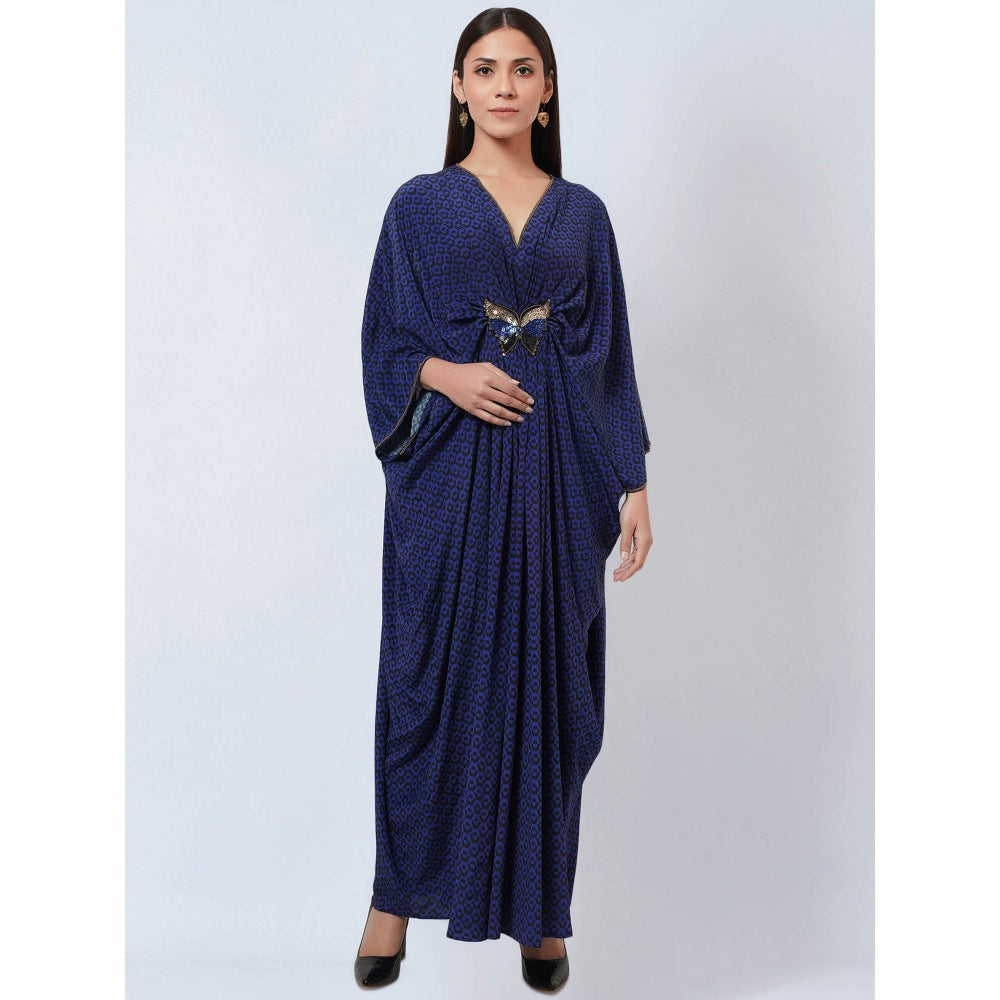 First Resort by Ramola Bachchan Slate Blue Honeycomb Kaftan Dress with Butterfly Motif