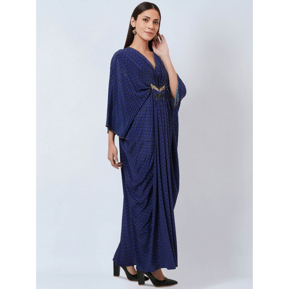 First Resort by Ramola Bachchan Slate Blue Honeycomb Kaftan Dress with Butterfly Motif