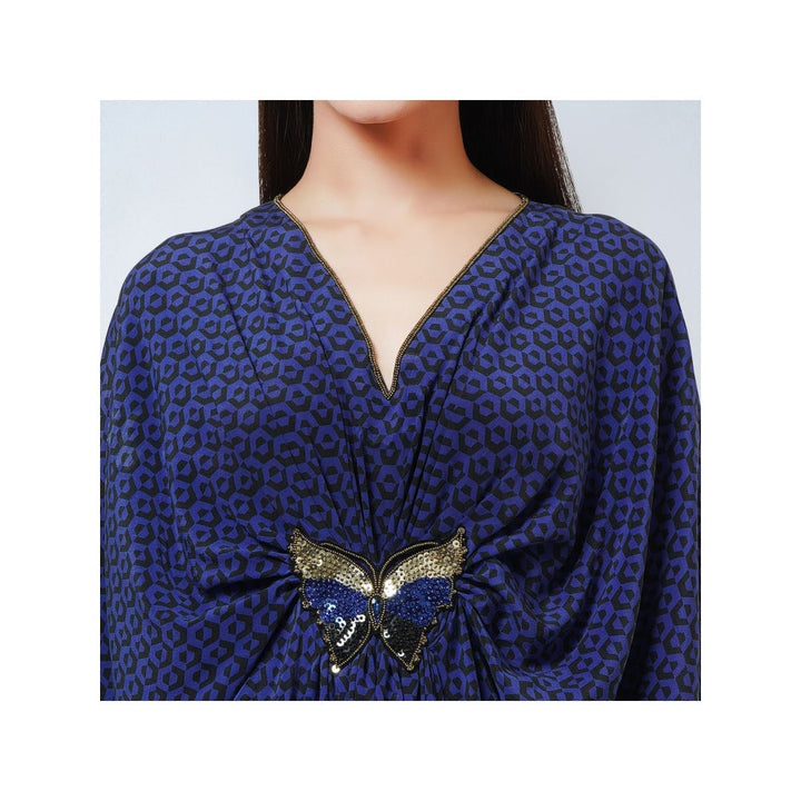 First Resort by Ramola Bachchan Slate Blue Honeycomb Kaftan Dress with Butterfly Motif