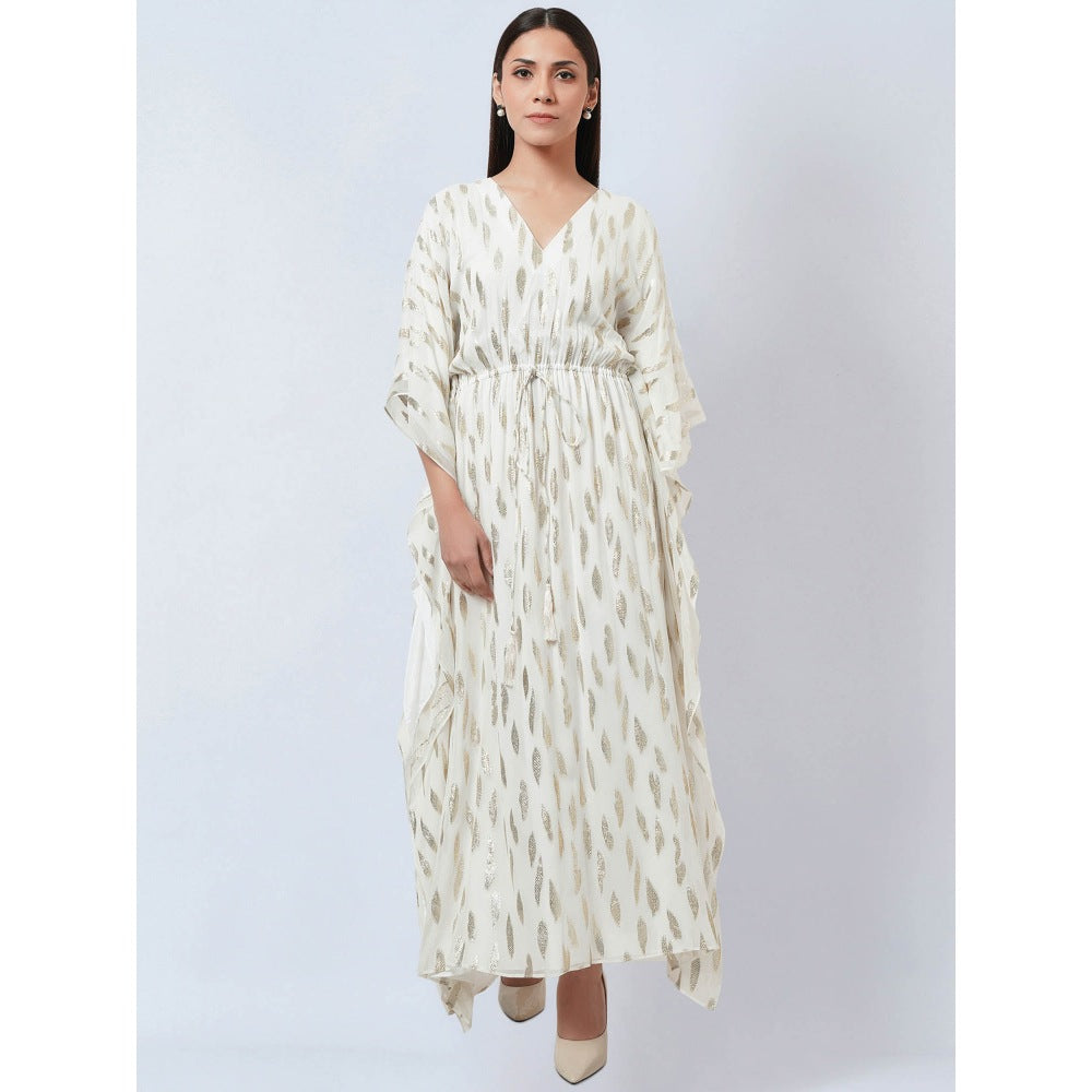 First Resort by Ramola Bachchan Ivory Lurex with Leaf Motifs Kaftan Dress