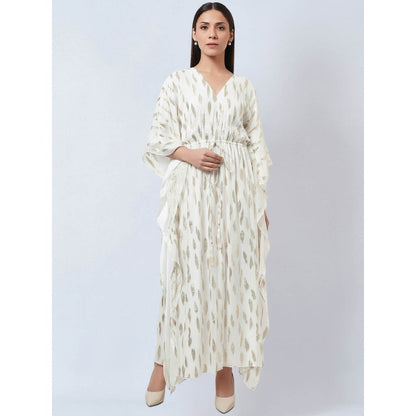 First Resort by Ramola Bachchan Ivory Lurex with Leaf Motifs Kaftan Dress