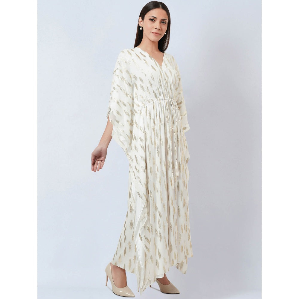 First Resort by Ramola Bachchan Ivory Lurex with Leaf Motifs Kaftan Dress