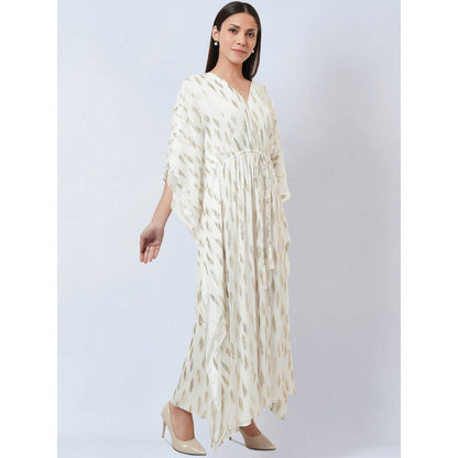 First Resort by Ramola Bachchan Ivory Lurex with Leaf Motifs Kaftan Dress