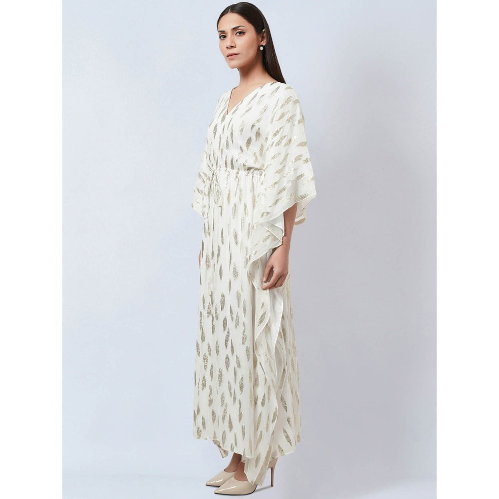 First Resort by Ramola Bachchan Ivory Lurex with Leaf Motifs Kaftan Dress