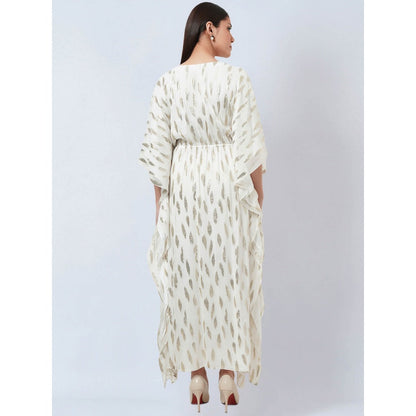 First Resort by Ramola Bachchan Ivory Lurex with Leaf Motifs Kaftan Dress