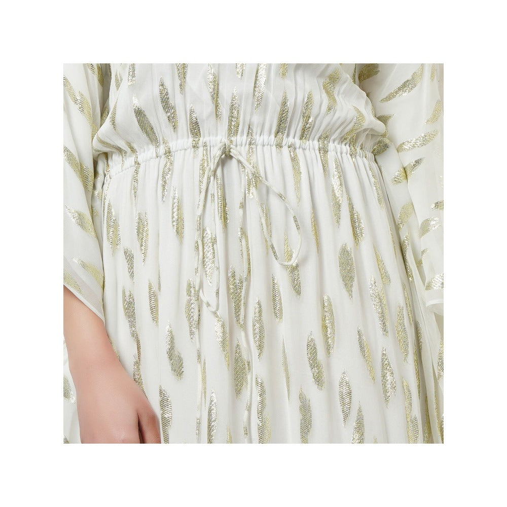 First Resort by Ramola Bachchan Ivory Lurex with Leaf Motifs Kaftan Dress