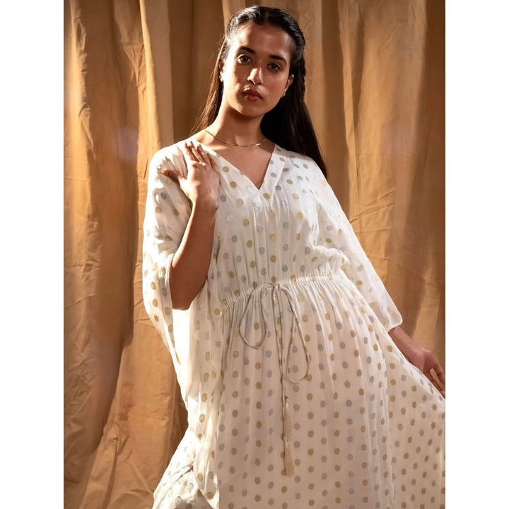 First Resort by Ramola Bachchan Ivory Lurex with Polka Dot Motifs Kaftan Dress