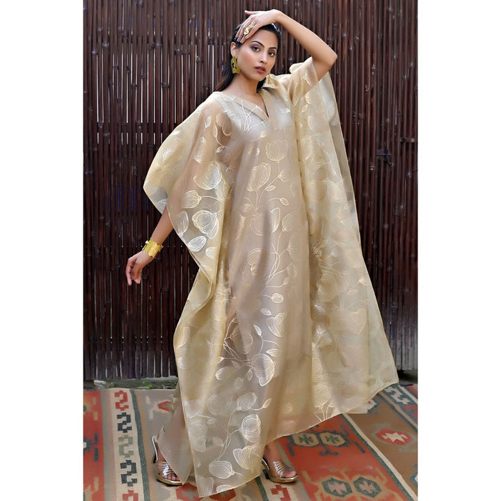 First Resort by Ramola Bachchan Gold Floral Organza Kaftan Dress with Satin Slip (Set of 2)
