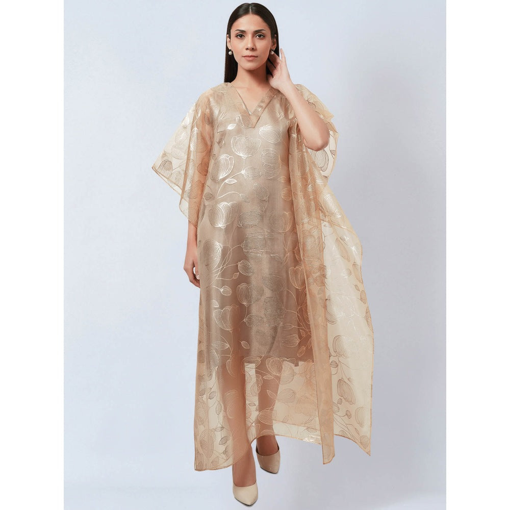 First Resort by Ramola Bachchan Gold Floral Organza Kaftan Dress with Satin Slip (Set of 2)