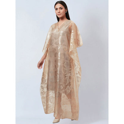 First Resort by Ramola Bachchan Gold Floral Organza Kaftan Dress with Satin Slip (Set of 2)
