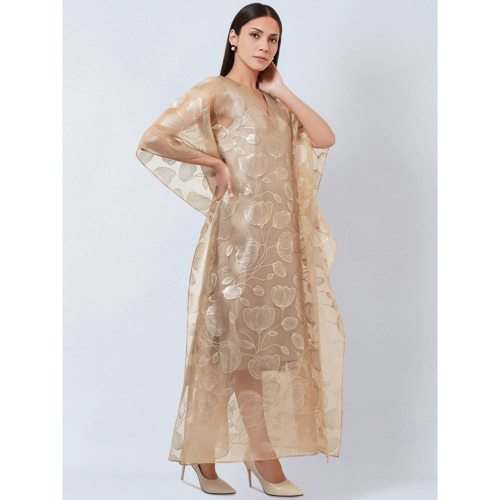 First Resort by Ramola Bachchan Gold Floral Organza Kaftan Dress with Satin Slip (Set of 2)