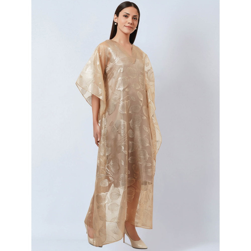 First Resort by Ramola Bachchan Gold Floral Organza Kaftan Dress with Satin Slip (Set of 2)