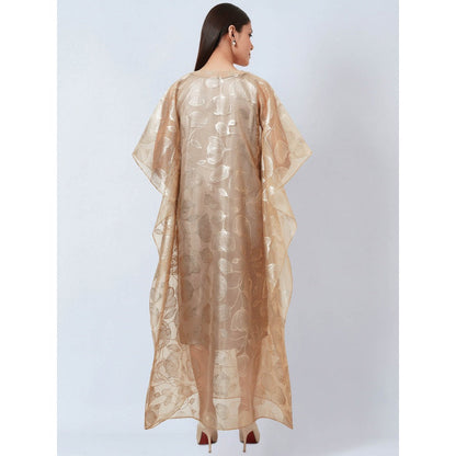 First Resort by Ramola Bachchan Gold Floral Organza Kaftan Dress with Satin Slip (Set of 2)
