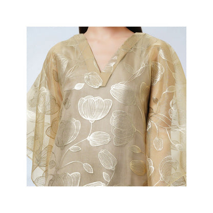 First Resort by Ramola Bachchan Gold Floral Organza Kaftan Dress with Satin Slip (Set of 2)