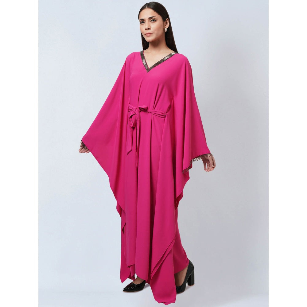 First Resort by Ramola Bachchan Bright Pink Neckline Kaftan Dress with Belt (Set of 2)