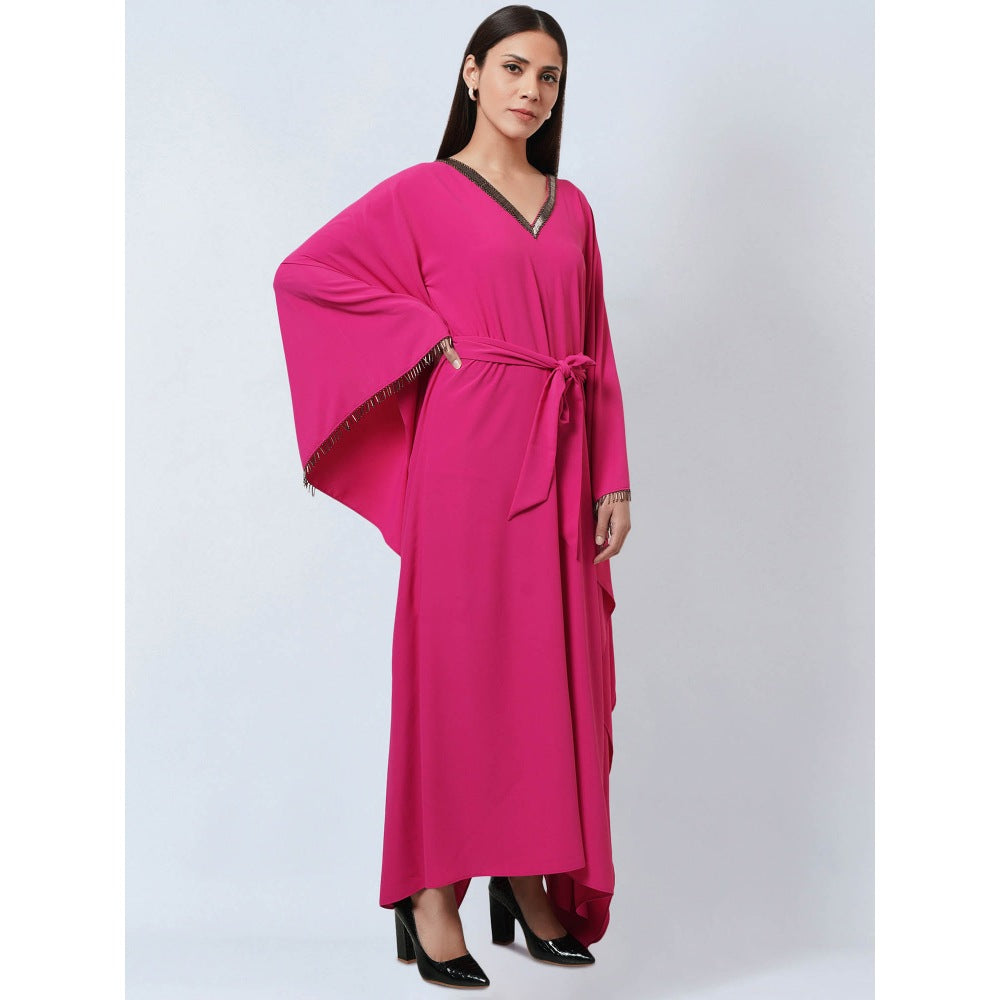 First Resort by Ramola Bachchan Bright Pink Neckline Kaftan Dress with Belt (Set of 2)