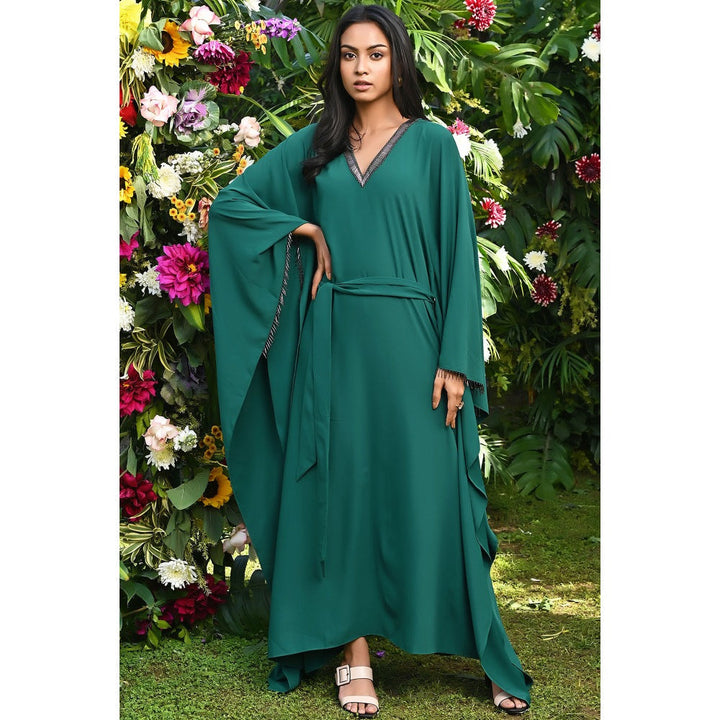 First Resort by Ramola Bachchan Pine Green Neckline Kaftan Dress with Belt (Set of 2)