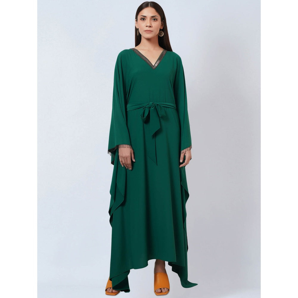 First Resort by Ramola Bachchan Pine Green Neckline Kaftan Dress with Belt (Set of 2)