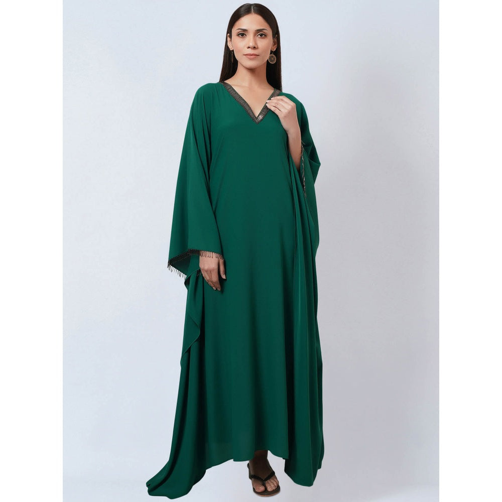 First Resort by Ramola Bachchan Pine Green Neckline Kaftan Dress with Belt (Set of 2)