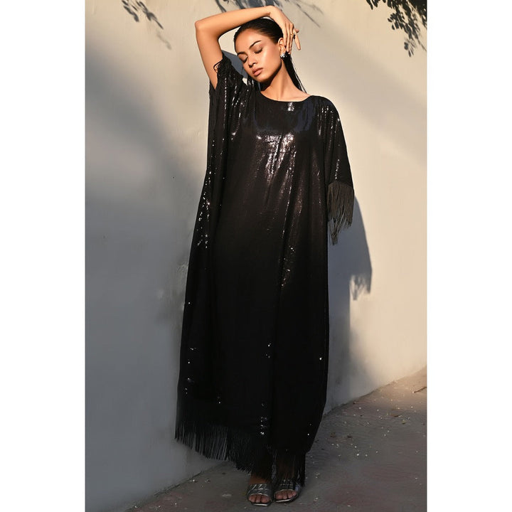 First Resort by Ramola Bachchan Black Sequin Flared Sleeves Kaftan Dress with Fringe Detail