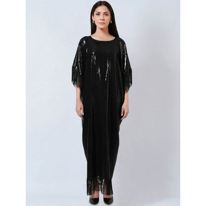 First Resort by Ramola Bachchan Black Sequin Flared Sleeves Kaftan Dress with Fringe Detail