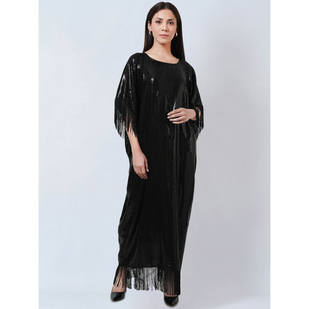 First Resort by Ramola Bachchan Black Sequin Flared Sleeves Kaftan Dress with Fringe Detail