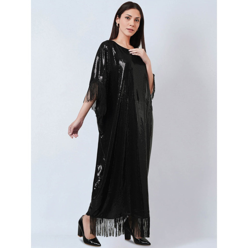 First Resort by Ramola Bachchan Black Sequin Flared Sleeves Kaftan Dress with Fringe Detail