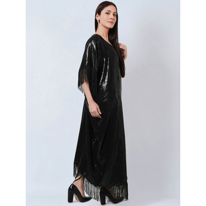 First Resort by Ramola Bachchan Black Sequin Flared Sleeves Kaftan Dress with Fringe Detail