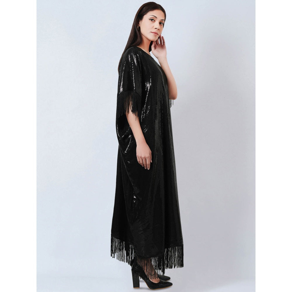First Resort by Ramola Bachchan Black Sequin Flared Sleeves Kaftan Dress with Fringe Detail