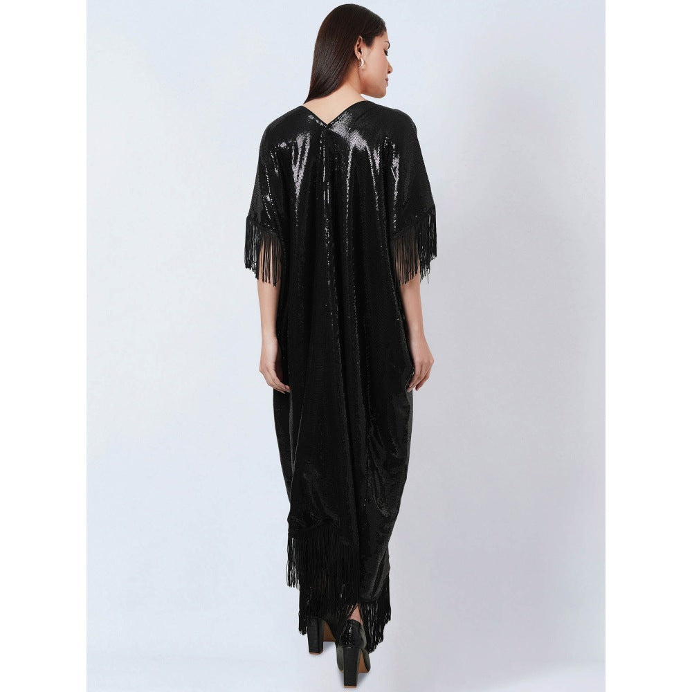First Resort by Ramola Bachchan Black Sequin Flared Sleeves Kaftan Dress with Fringe Detail