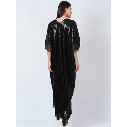 First Resort by Ramola Bachchan Black Sequin Flared Sleeves Kaftan Dress with Fringe Detail