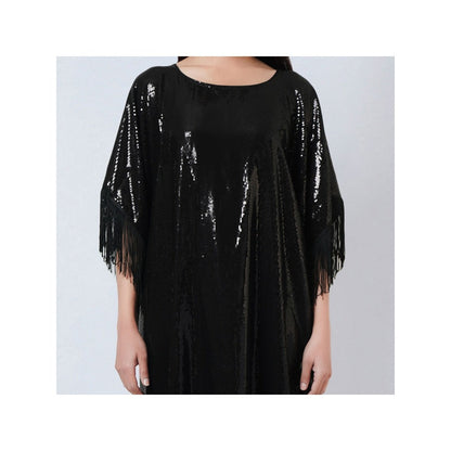 First Resort by Ramola Bachchan Black Sequin Flared Sleeves Kaftan Dress with Fringe Detail