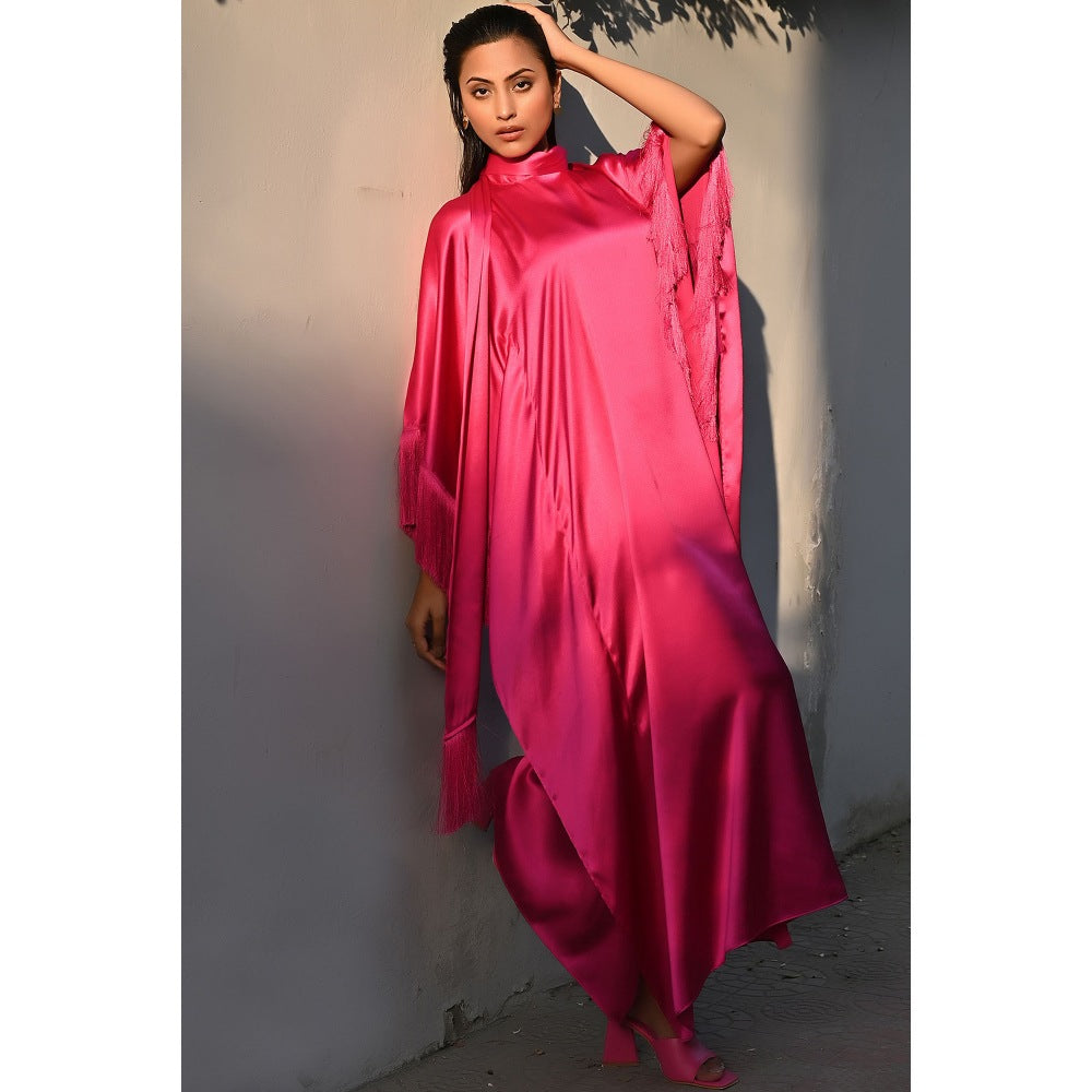 First Resort by Ramola Bachchan Hot Magenta Flared Sleeves Kaftan Dress with Fringe Detail