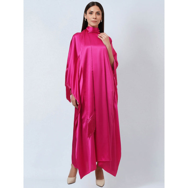 First Resort by Ramola Bachchan Hot Magenta Flared Sleeves Kaftan Dress with Fringe Detail
