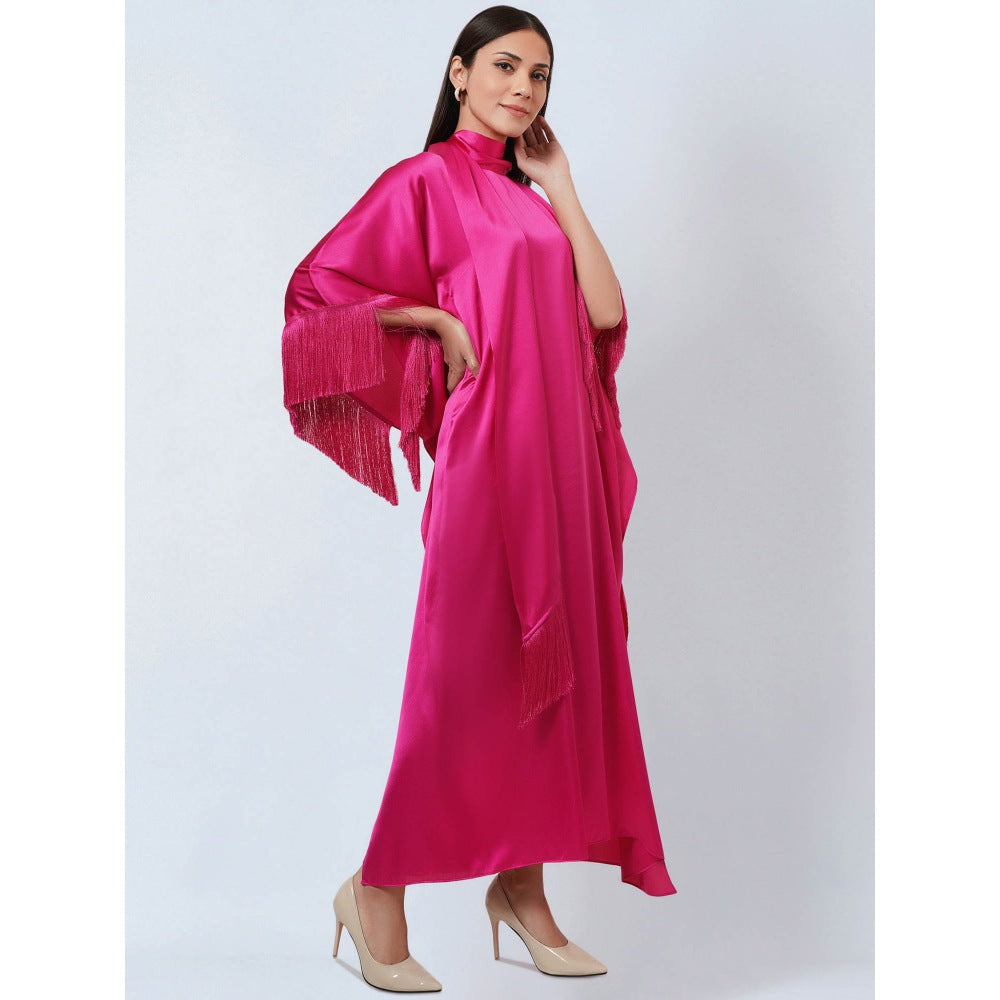 First Resort by Ramola Bachchan Hot Magenta Flared Sleeves Kaftan Dress with Fringe Detail