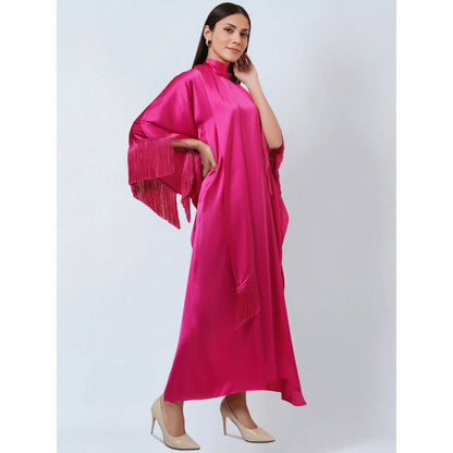 First Resort by Ramola Bachchan Hot Magenta Flared Sleeves Kaftan Dress with Fringe Detail