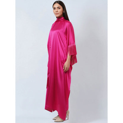 First Resort by Ramola Bachchan Hot Magenta Flared Sleeves Kaftan Dress with Fringe Detail