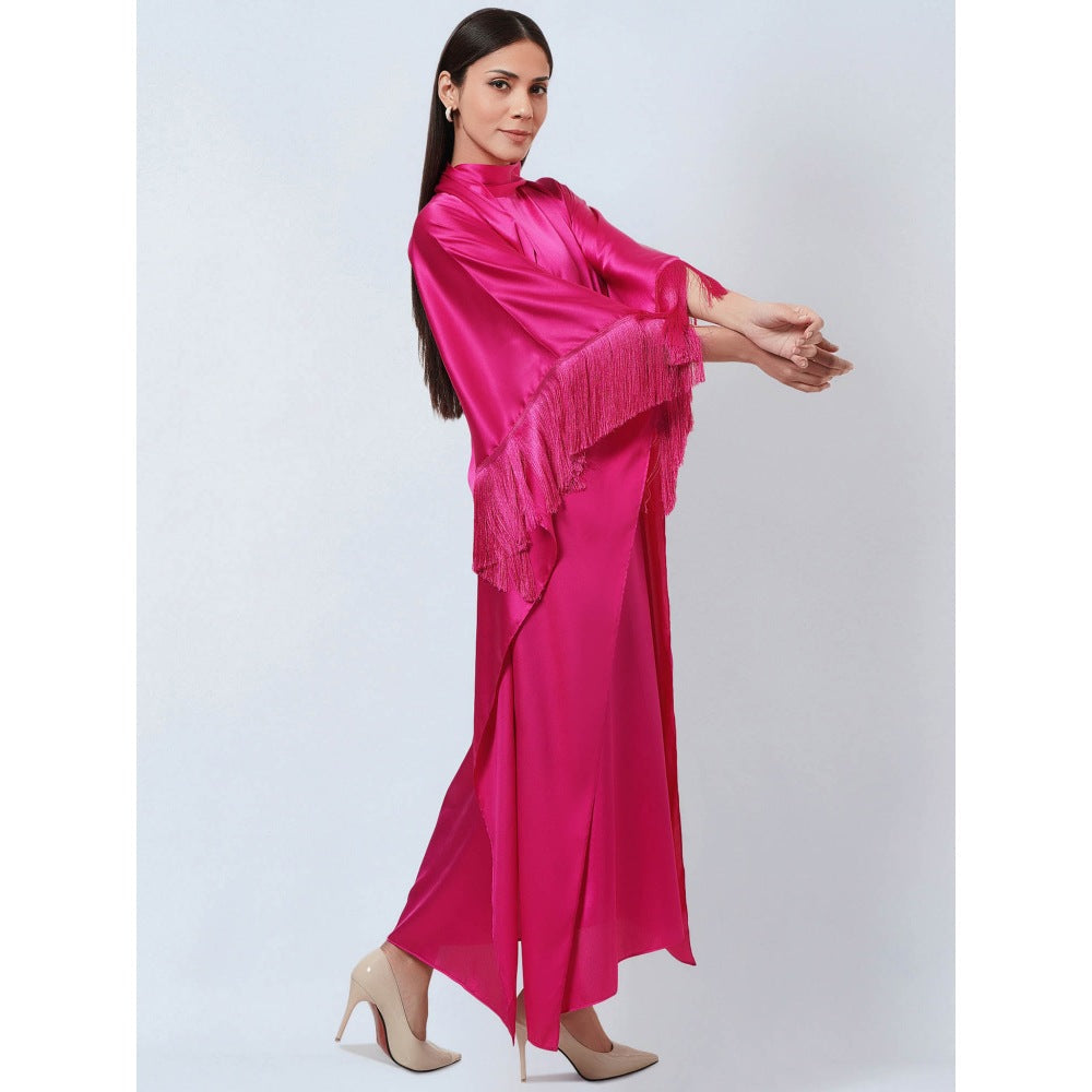 First Resort by Ramola Bachchan Hot Magenta Flared Sleeves Kaftan Dress with Fringe Detail