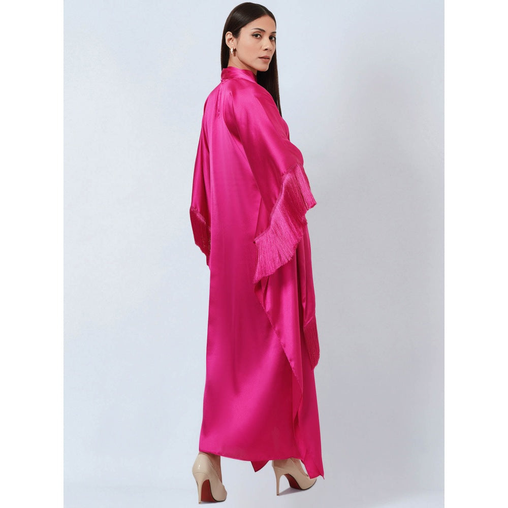 First Resort by Ramola Bachchan Hot Magenta Flared Sleeves Kaftan Dress with Fringe Detail
