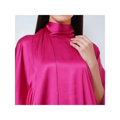 First Resort by Ramola Bachchan Hot Magenta Flared Sleeves Kaftan Dress with Fringe Detail