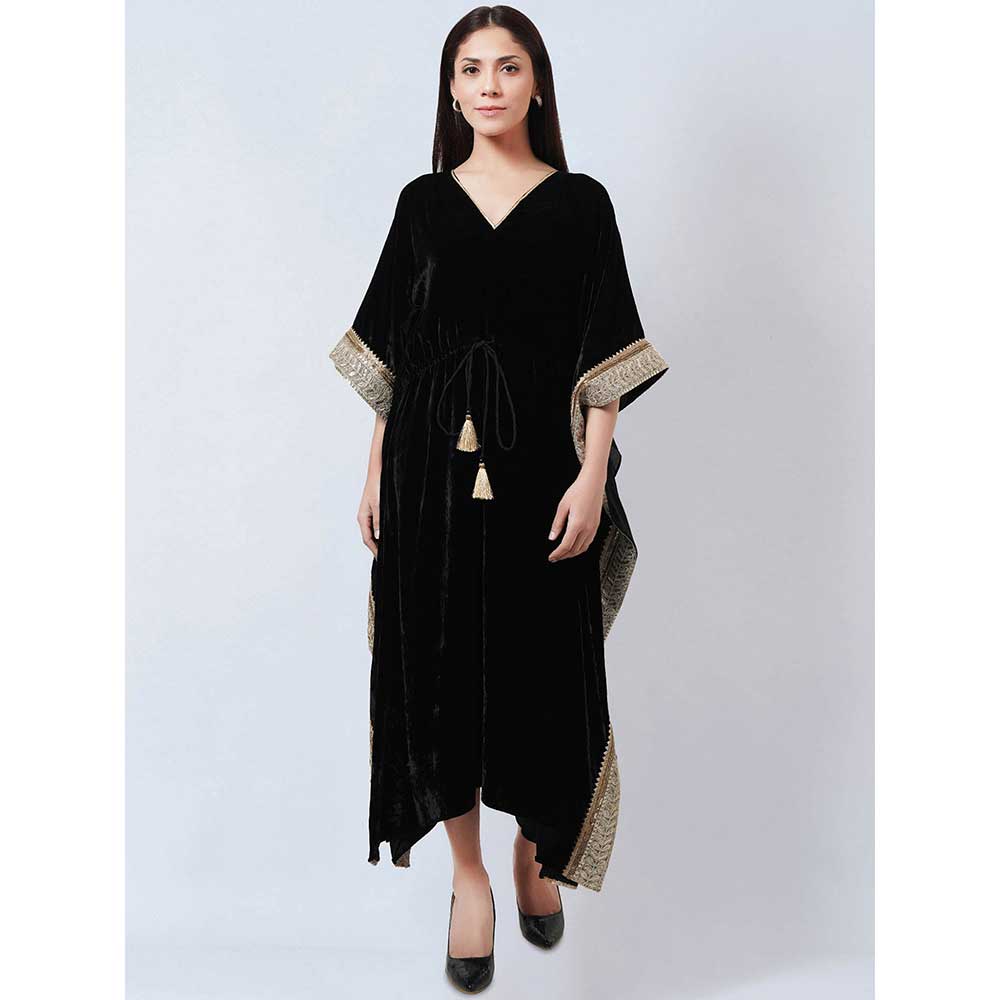 First Resort by Ramola Bachchan Black Silk Velvet Maxi Kaftan Dress with Gold Lace Detail