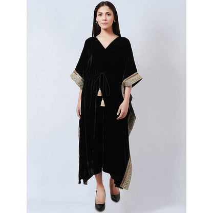 First Resort by Ramola Bachchan Black Silk Velvet Maxi Kaftan Dress with Gold Lace Detail