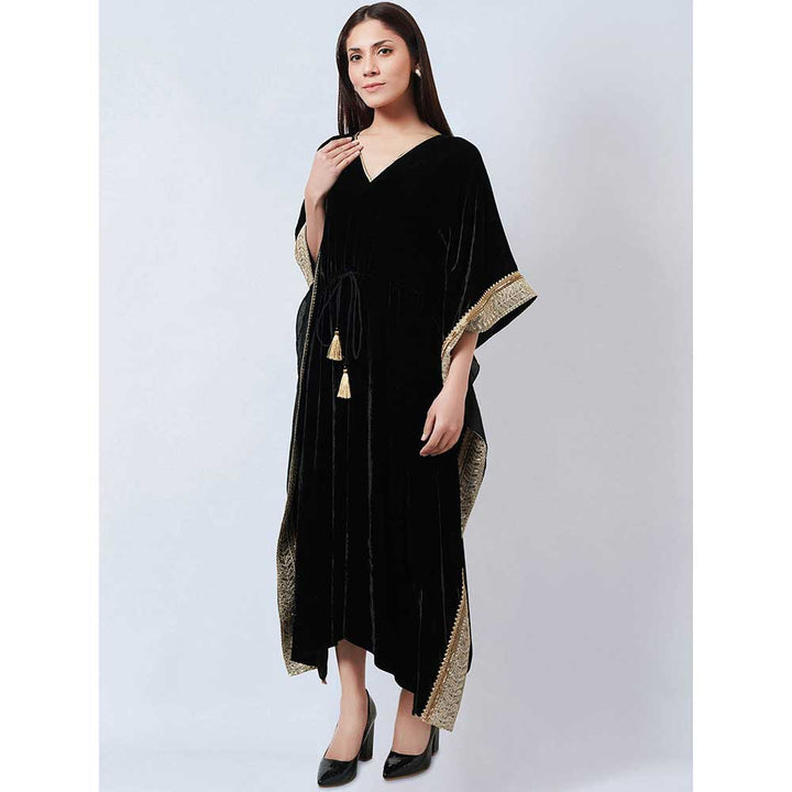 First Resort by Ramola Bachchan Black Silk Velvet Maxi Kaftan Dress with Gold Lace Detail