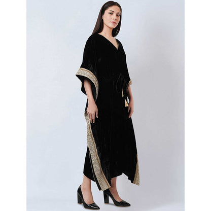 First Resort by Ramola Bachchan Black Silk Velvet Maxi Kaftan Dress with Gold Lace Detail