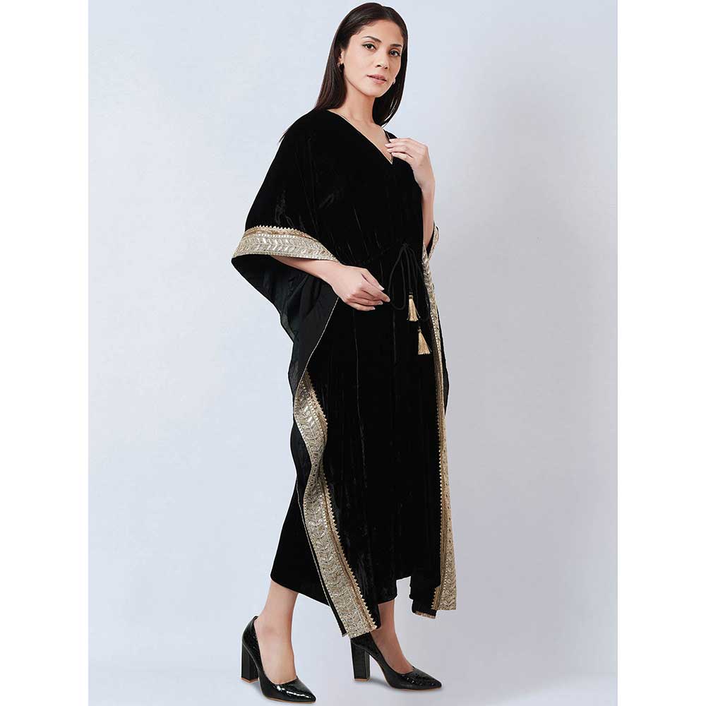 First Resort by Ramola Bachchan Black Silk Velvet Maxi Kaftan Dress with Gold Lace Detail