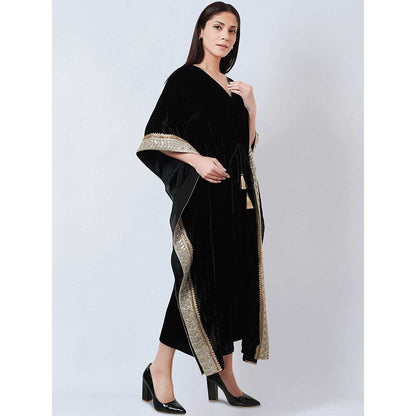 First Resort by Ramola Bachchan Black Silk Velvet Maxi Kaftan Dress with Gold Lace Detail