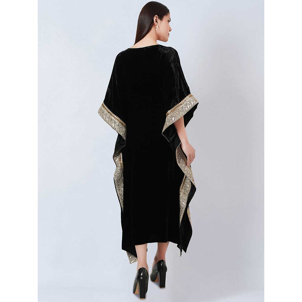 First Resort by Ramola Bachchan Black Silk Velvet Maxi Kaftan Dress with Gold Lace Detail