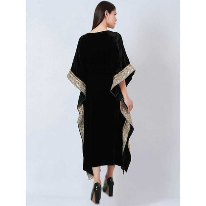 First Resort by Ramola Bachchan Black Silk Velvet Maxi Kaftan Dress with Gold Lace Detail