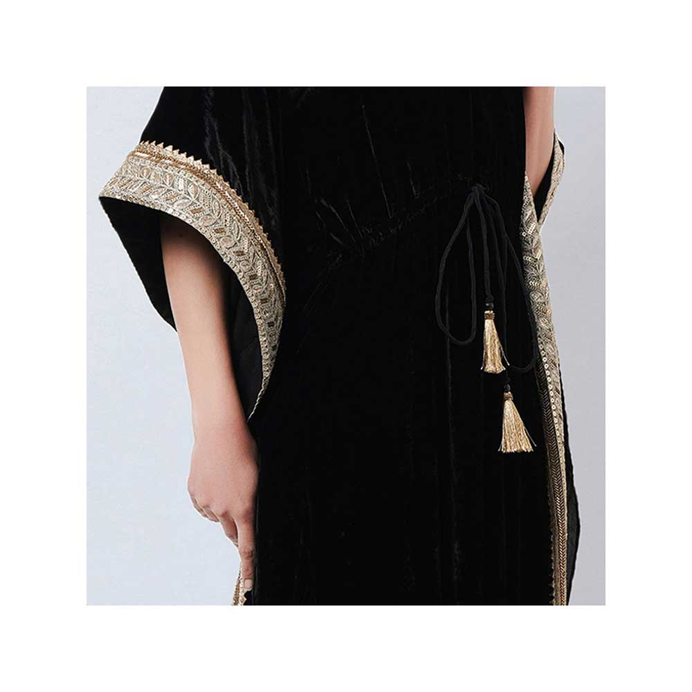First Resort by Ramola Bachchan Black Silk Velvet Maxi Kaftan Dress with Gold Lace Detail